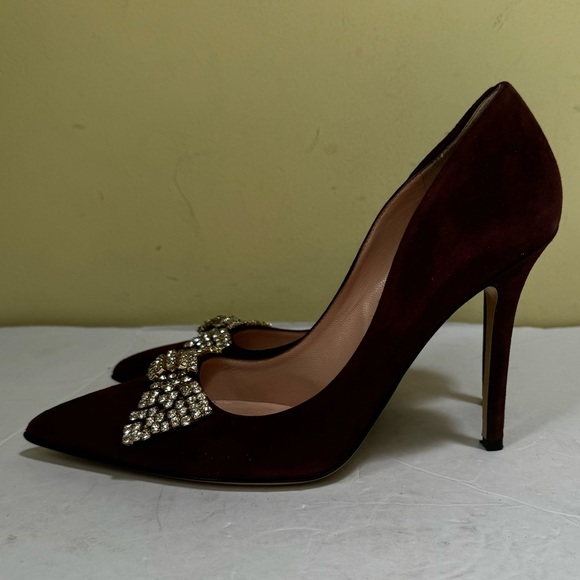 Kate Spade Lissie Hangisi Bow Burgundy Suede  Leather Point Toe Heels Rhinestone - Picture 4 of 16